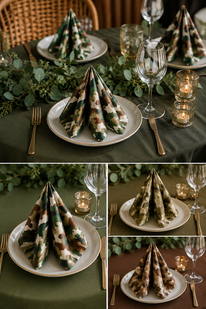 A collage showing a place setting with a folded camouflage-patterned napkin on a white plate, surrounded by a green tablecloth, eucalyptus garland, gold flatware, wine glasses, and lit candle holders.