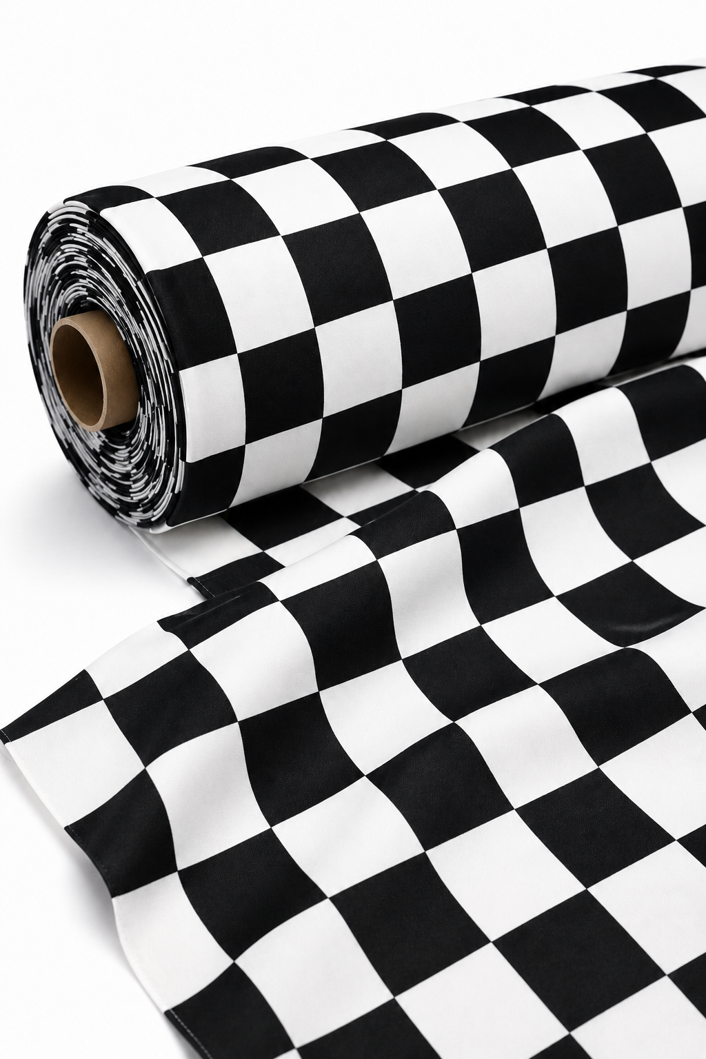 A roll of black and white checkered pattern material, partially unrolled to show the fabric or paper texture, on a clean white background.