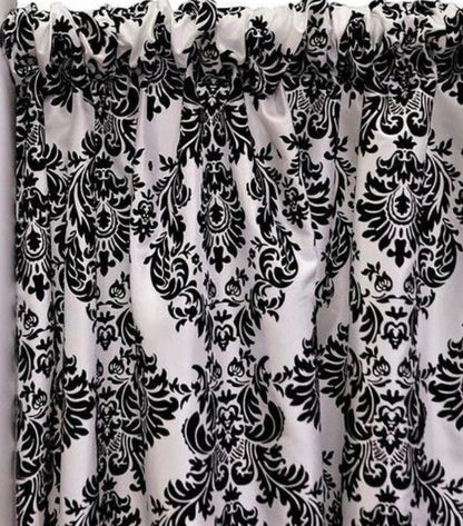 Damask Charmeuse Satin Event Drapery Panels | White Black Damask Curtains |