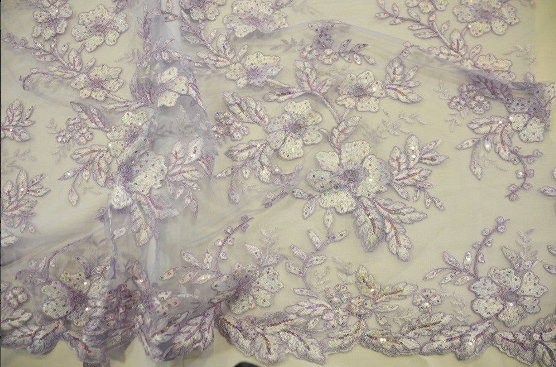 Edith Embroidery Fabric | Floral Mesh Embroidery Fabric by the Yard | 52" Wide | Scallop Edge |