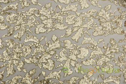 Wendy Sequins Fabric by the Yard | Sequins Embroidered Leaves on a Mesh background |