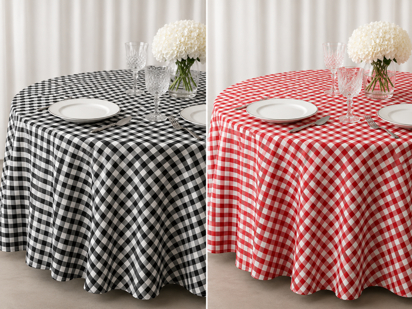 Two round tablecloths shown side by side: one black-and-white gingham check and one red-and-white gingham check, each styled on a round table with white plates, clear drinking glasses, and white flower arrangements against a light curtain background.