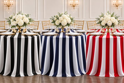 Stripe Lamour Satin Tablecloths in Black, Navy and Red color 
