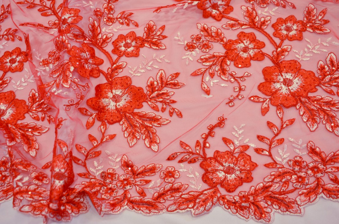 Edith Embroidery Fabric | Floral Mesh Embroidery Fabric by the Yard | 52" Wide | Scallop Edge |