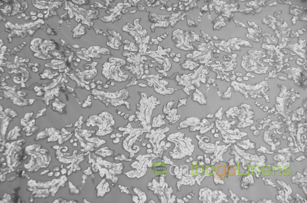 Wendy Sequins Fabric by the Yard | Sequins Embroidered Leaves on a Mesh background |