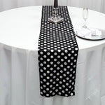 Polka Dot Lamour Satin Print Table Runners | Polka Dot Satin Table Runner | 60" Wide | White Black |