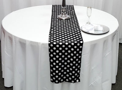 Polka Dot Lamour Satin Print Table Runners | Polka Dot Satin Table Runner | 60" Wide | White Black |